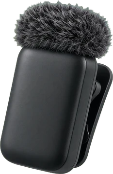 Illustration of a clip-on wireless microphone transmitter with a furry windscreen